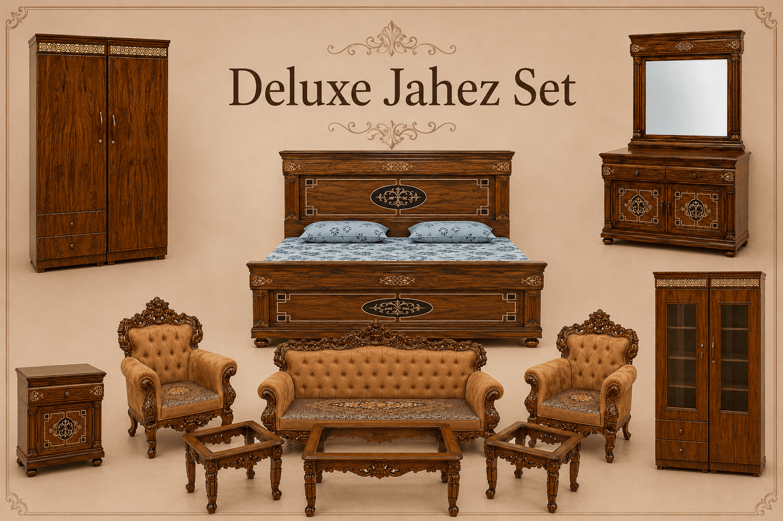 Deluxe Jahez Set — matched Sheesham jahez set by Alfalah Furniture, Rawalpindi