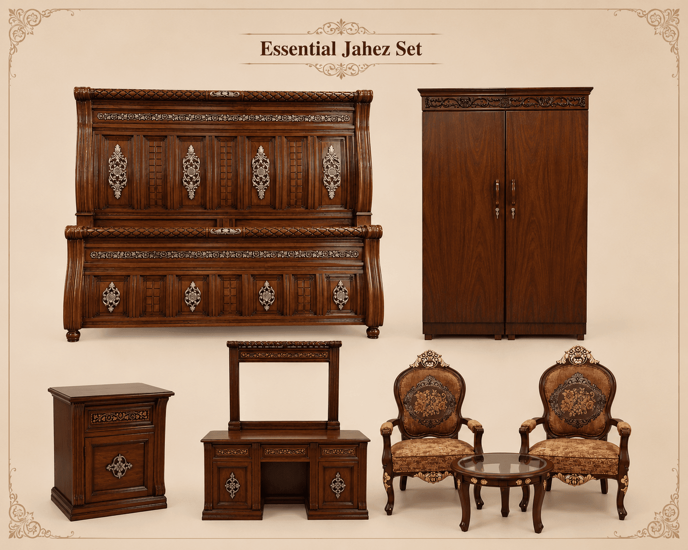 Essential Jahez Set — matched Sheesham jahez set by Alfalah Furniture, Rawalpindi
