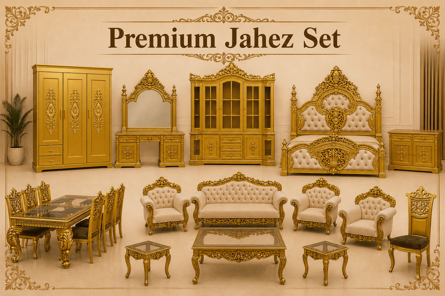 Premium Jahez Set (Deco Polish) — matched Sheesham jahez set by Alfalah Furniture, Rawalpindi
