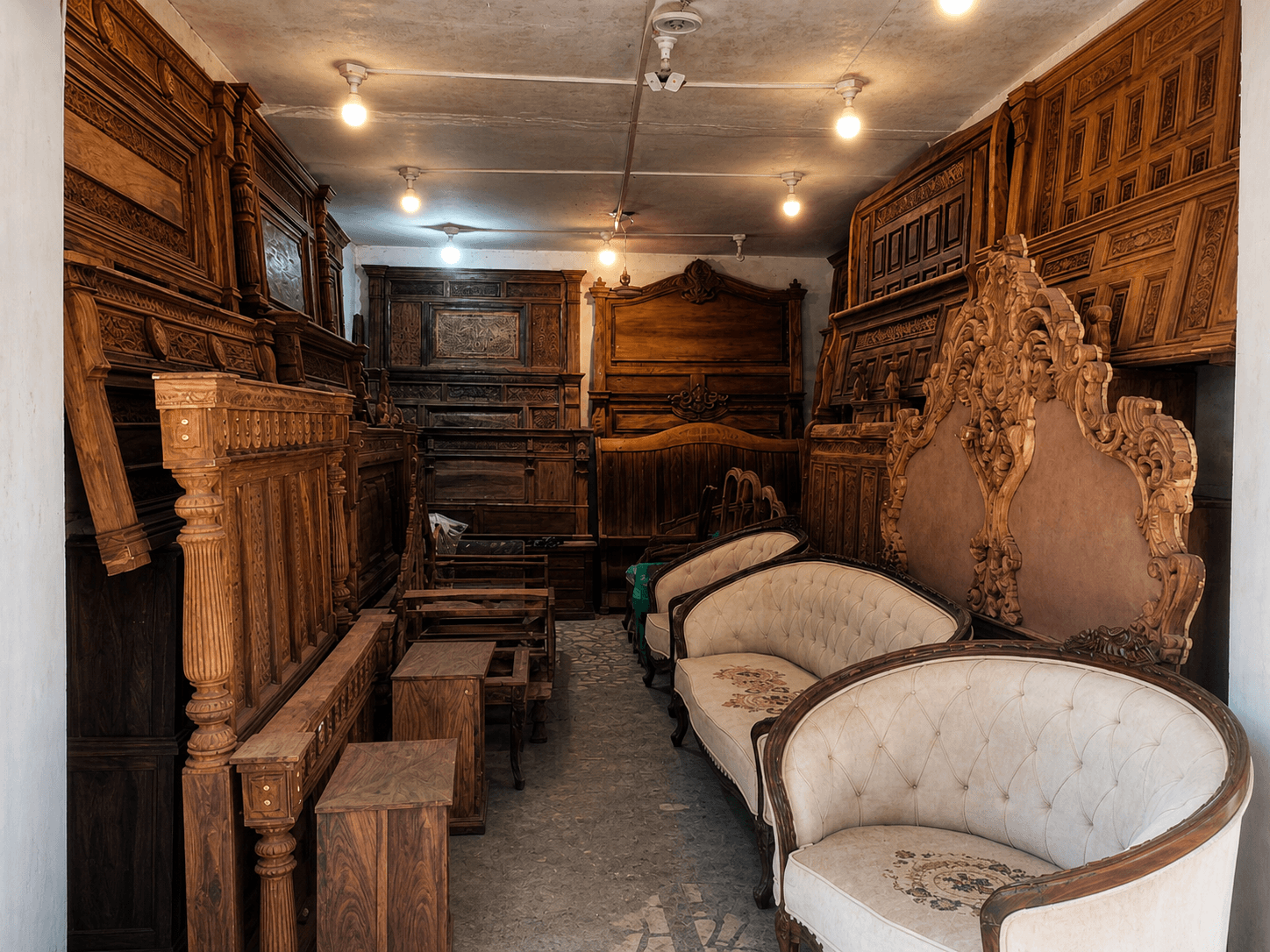 Carved wooden beds, sofas and furniture inside Alfalah Furniture showroom