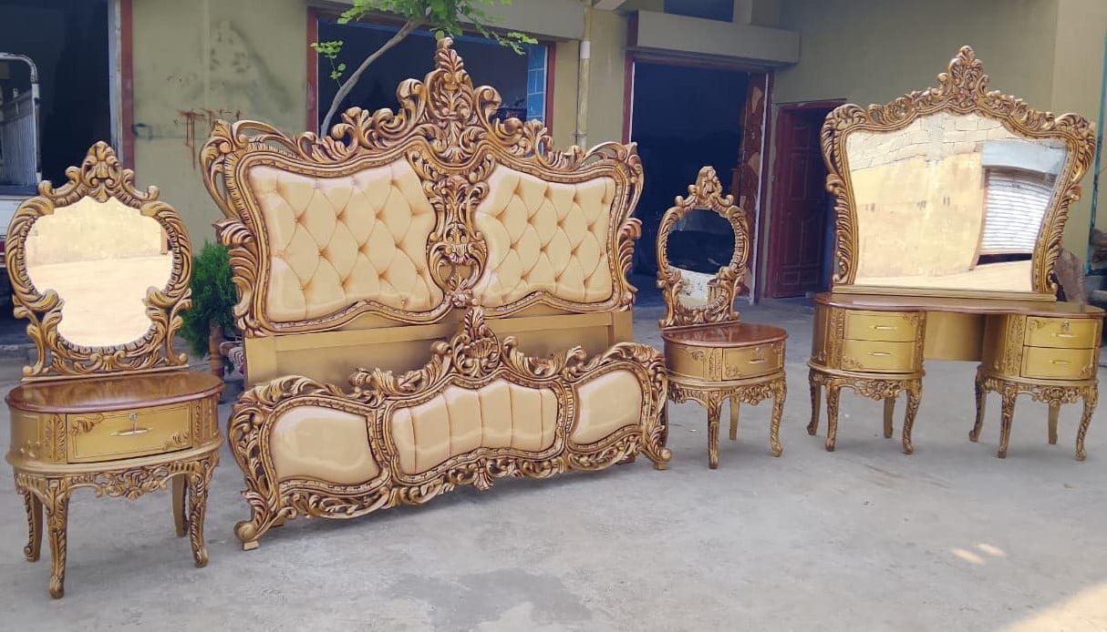 Chinioti Gold Carved King Bed Set with Dressing & Side Tables — Beds | Alfalah Furniture Rawalpindi