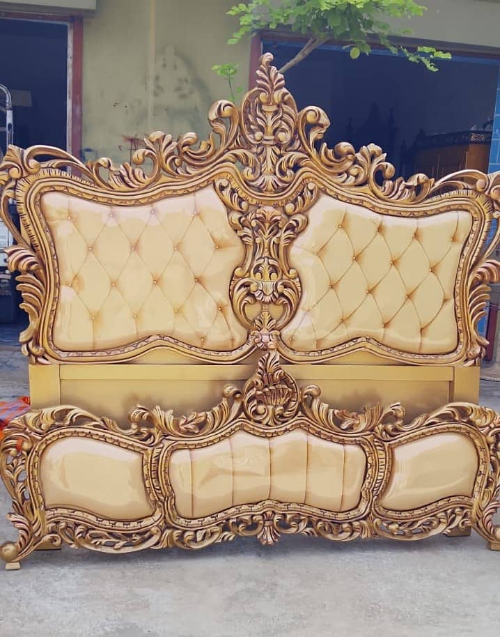 Chinioti Gold Carved King Bed Set with Dressing & Side Tables — Beds | Alfalah Furniture Rawalpindi