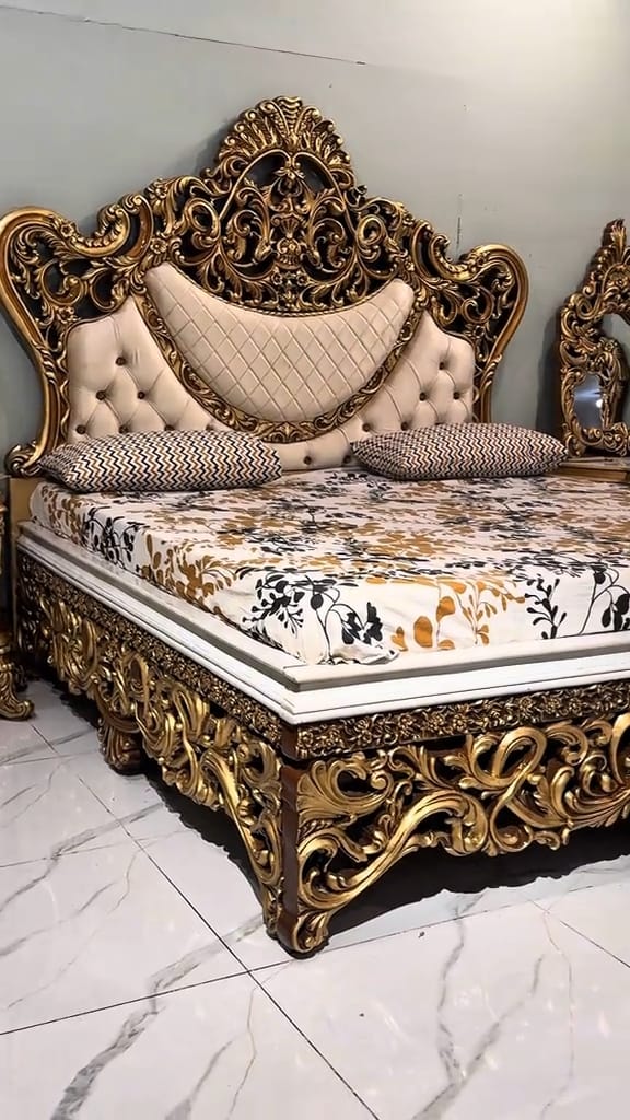 White & Gold Carved King Bed Set with Dressing, Side Tables & Mini Frames — Beds | Alfalah Furniture Rawalpindi
