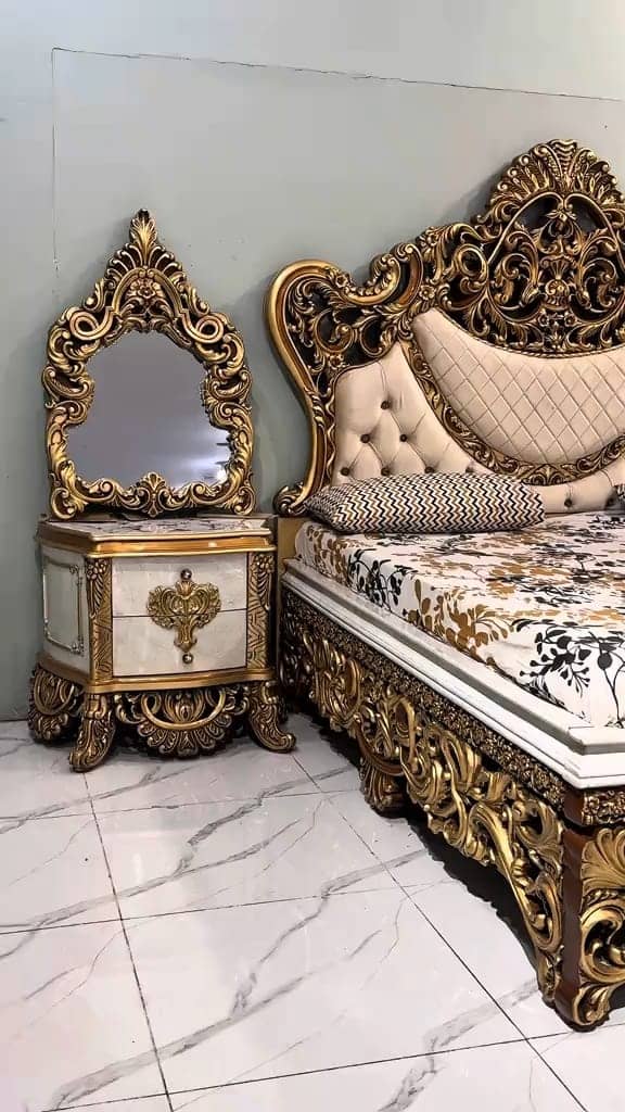 White & Gold Carved King Bed Set with Dressing, Side Tables & Mini Frames — Beds | Alfalah Furniture Rawalpindi