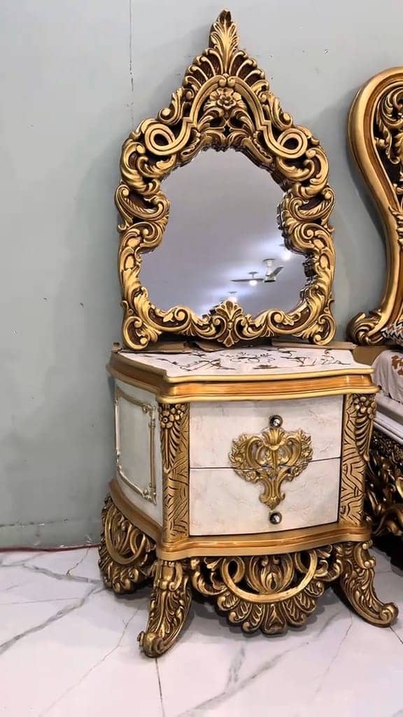 White & Gold Carved King Bed Set with Dressing, Side Tables & Mini Frames — Beds | Alfalah Furniture Rawalpindi
