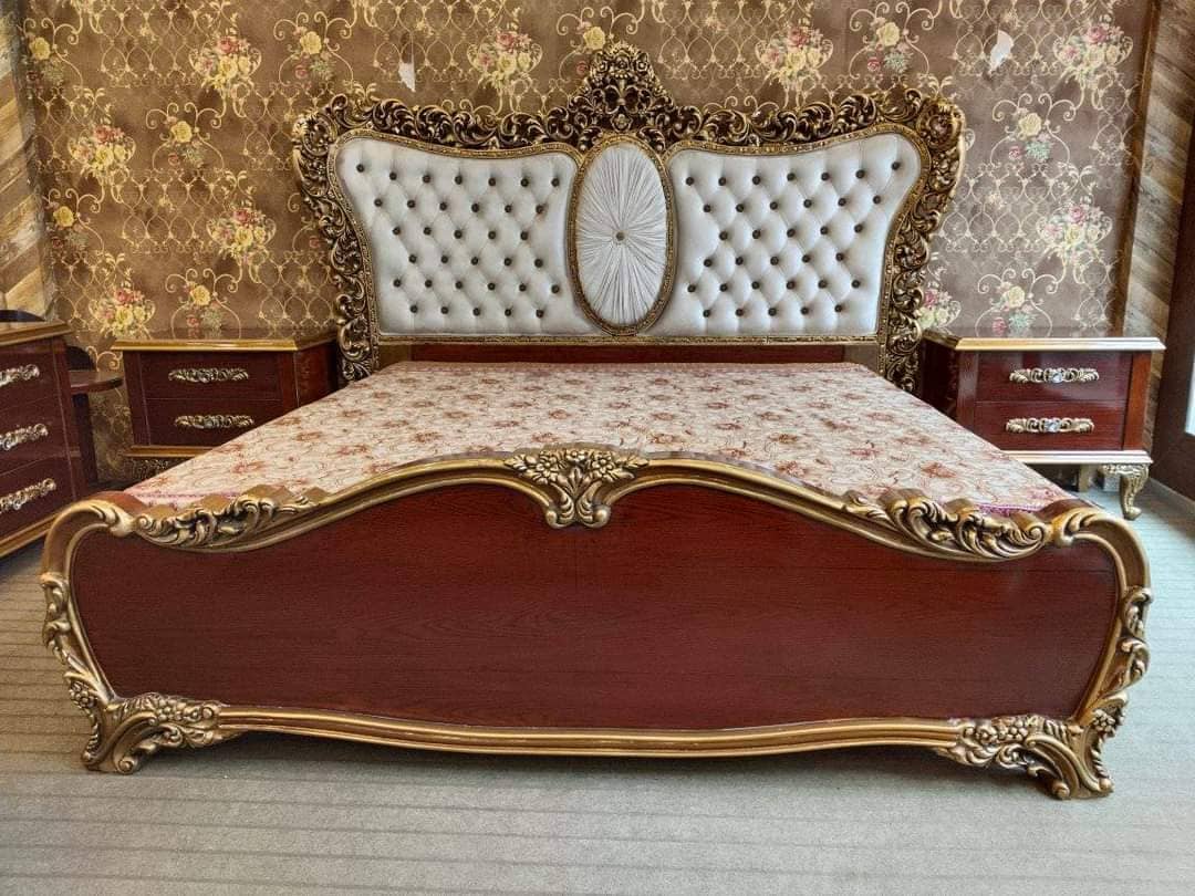 Chinioti Sheesham King Bed Set with Chester Dressing Mirror, Side Tables & Stool — Beds | Alfalah Furniture Rawalpindi
