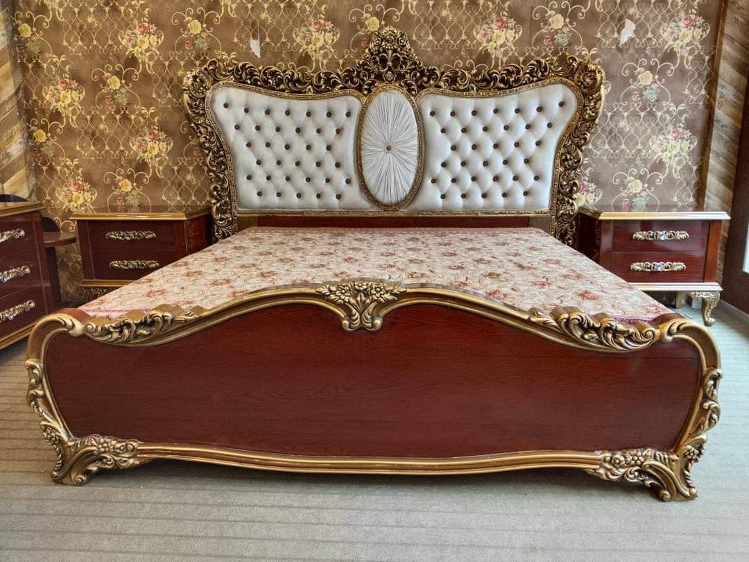 Chinioti Sheesham King Bed Set with Chester Dressing Mirror, Side Tables & Stool — Beds | Alfalah Furniture Rawalpindi