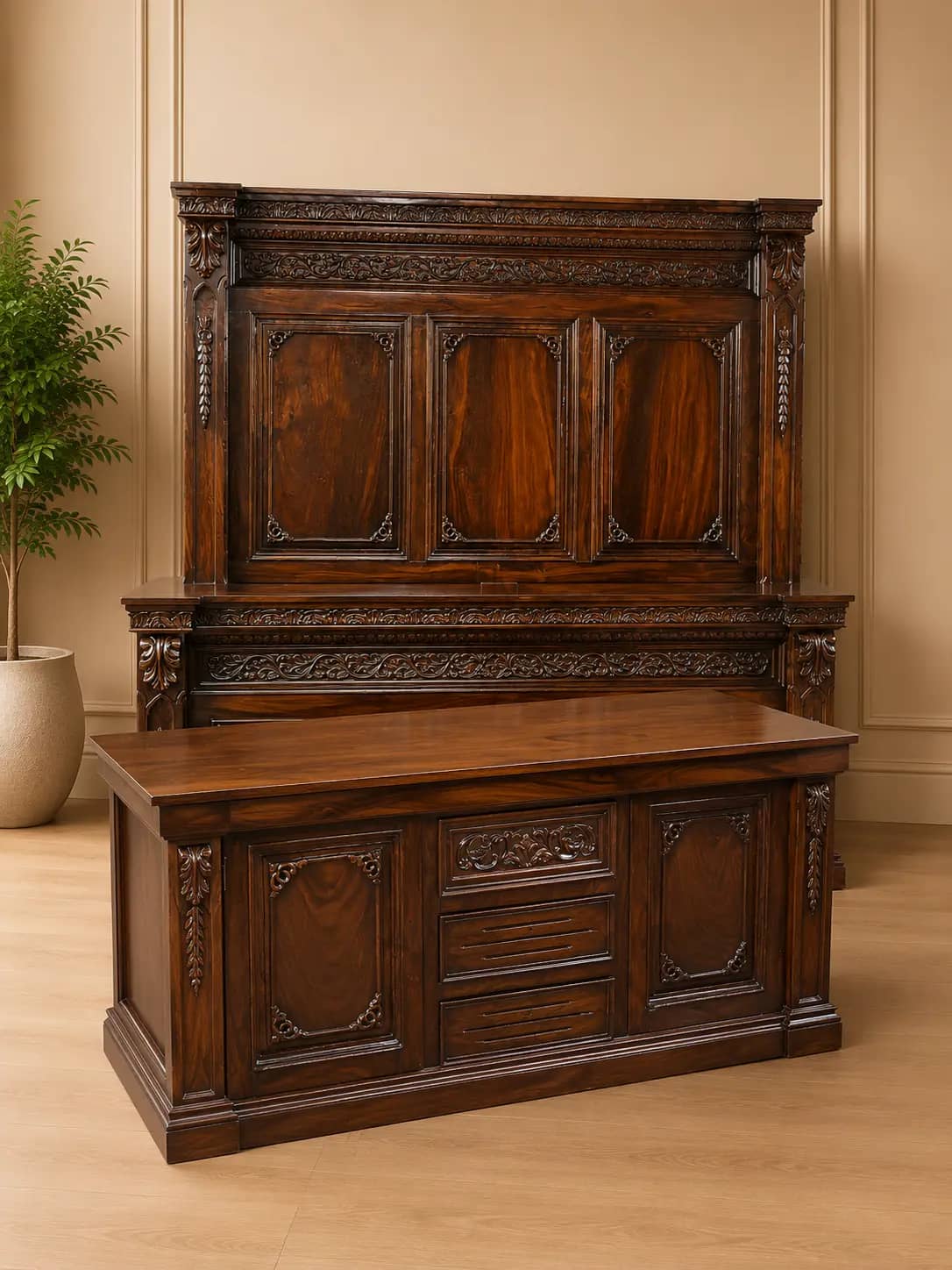 Victorian Carved High Gloss Sheesham Bedroom Set — Beds | Alfalah Furniture Rawalpindi