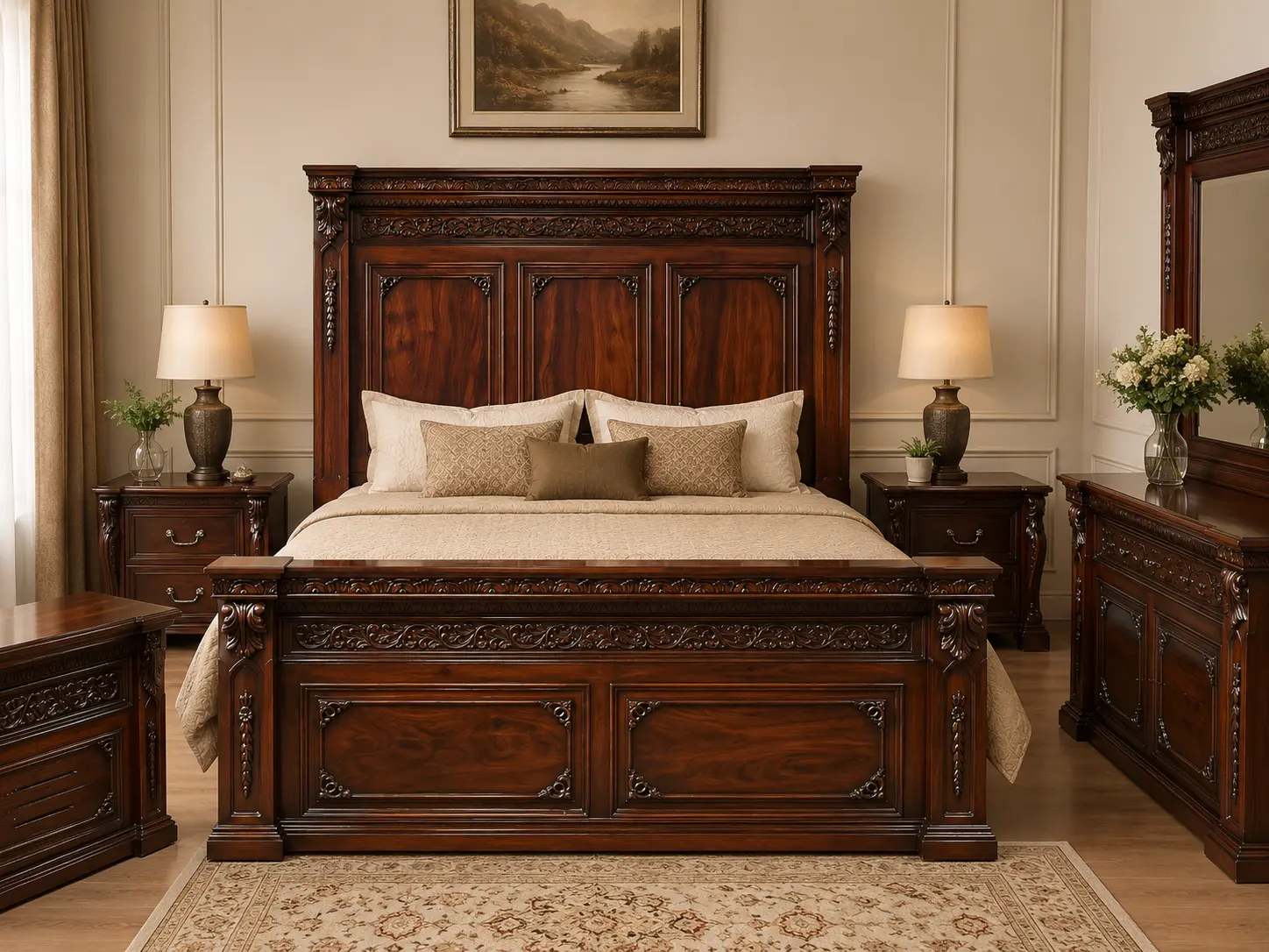 Victorian Carved High Gloss Sheesham Bedroom Set — Beds | Alfalah Furniture Rawalpindi