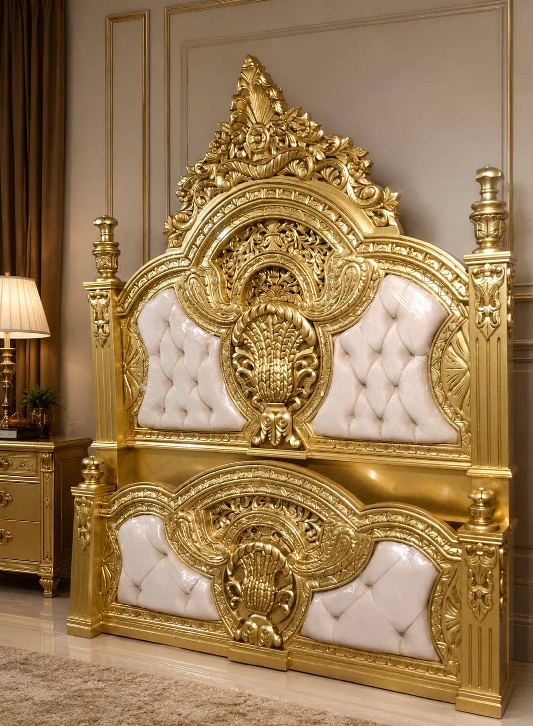 Palatial Gold Tufted Carved Sheesham Bedroom Set — Beds | Alfalah Furniture Rawalpindi