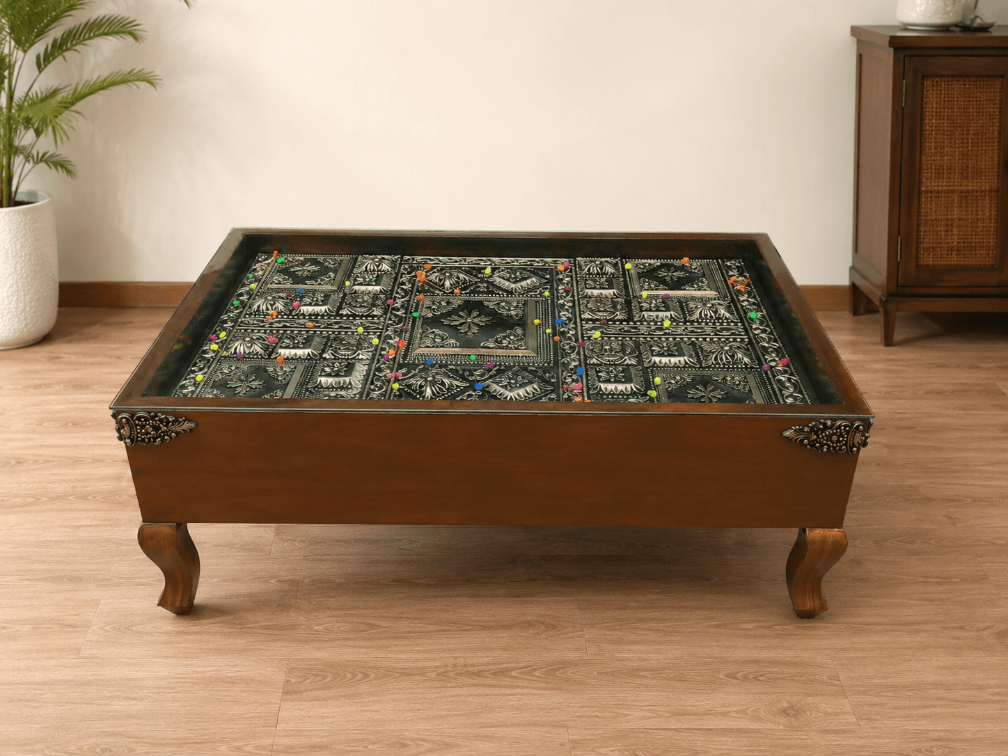 Embossed Glass Top Kikar Sheesham Center Table — Center Tables | Alfalah Furniture Rawalpindi