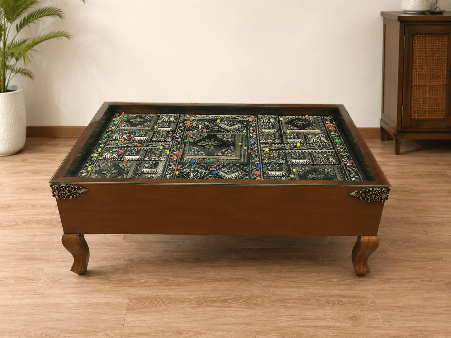 Embossed Glass Top Kikar Sheesham Center Table — Center Tables | Alfalah Furniture Rawalpindi