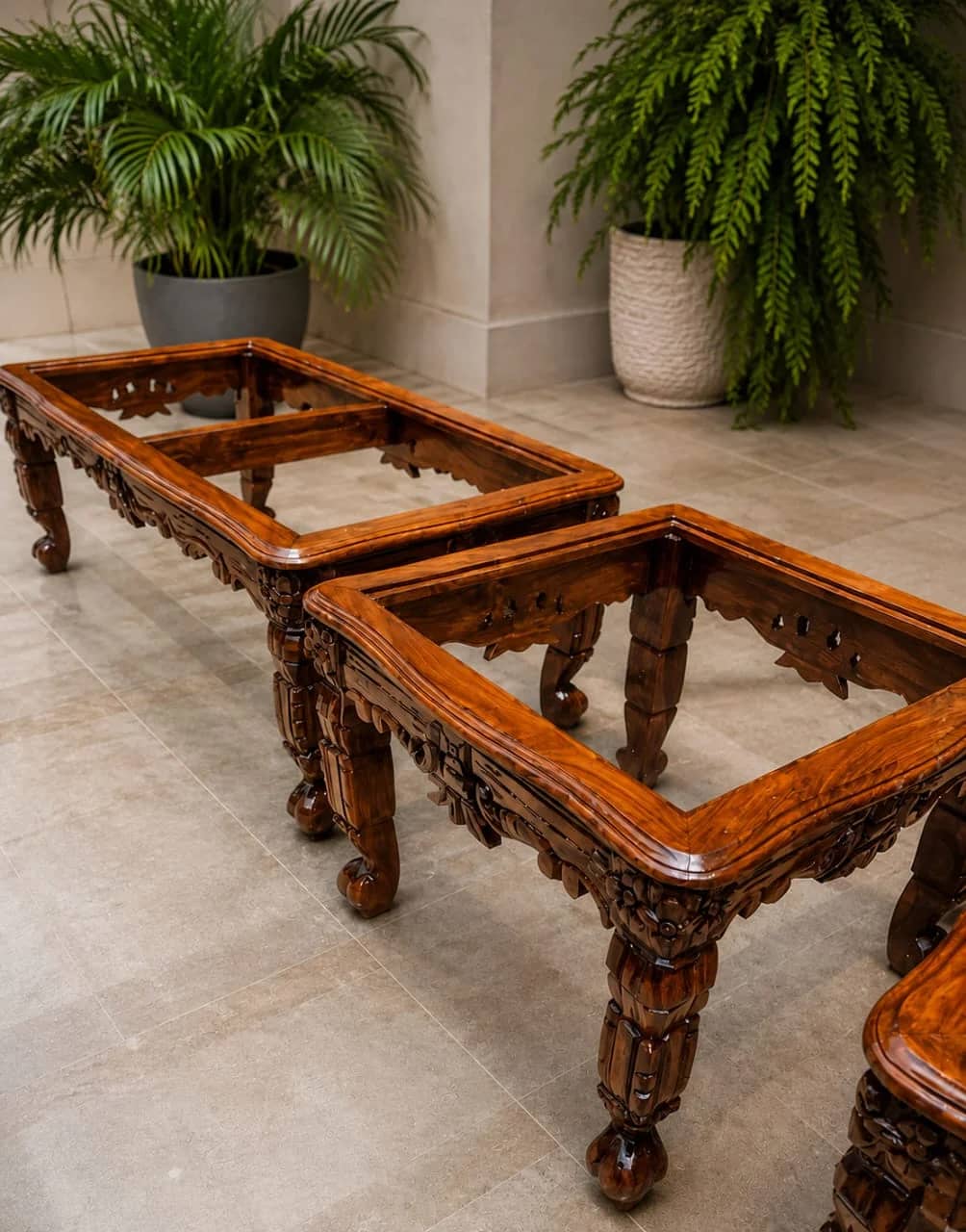 Chinioti Carved Sheesham 3 Piece Glass Top Table Set — Center Tables | Alfalah Furniture Rawalpindi