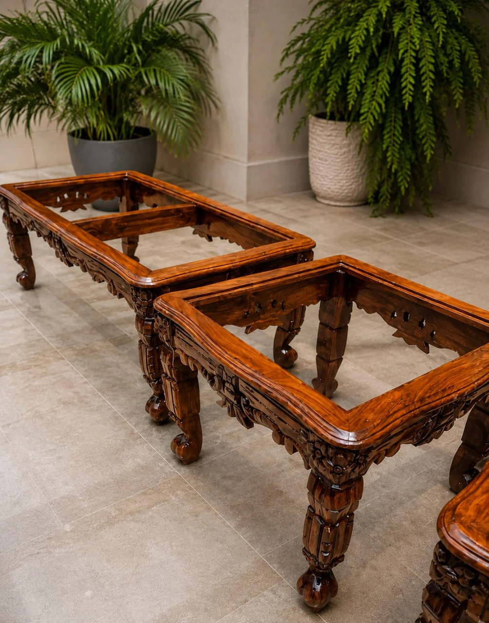 Chinioti Carved Sheesham 3 Piece Glass Top Table Set — Center Tables | Alfalah Furniture Rawalpindi