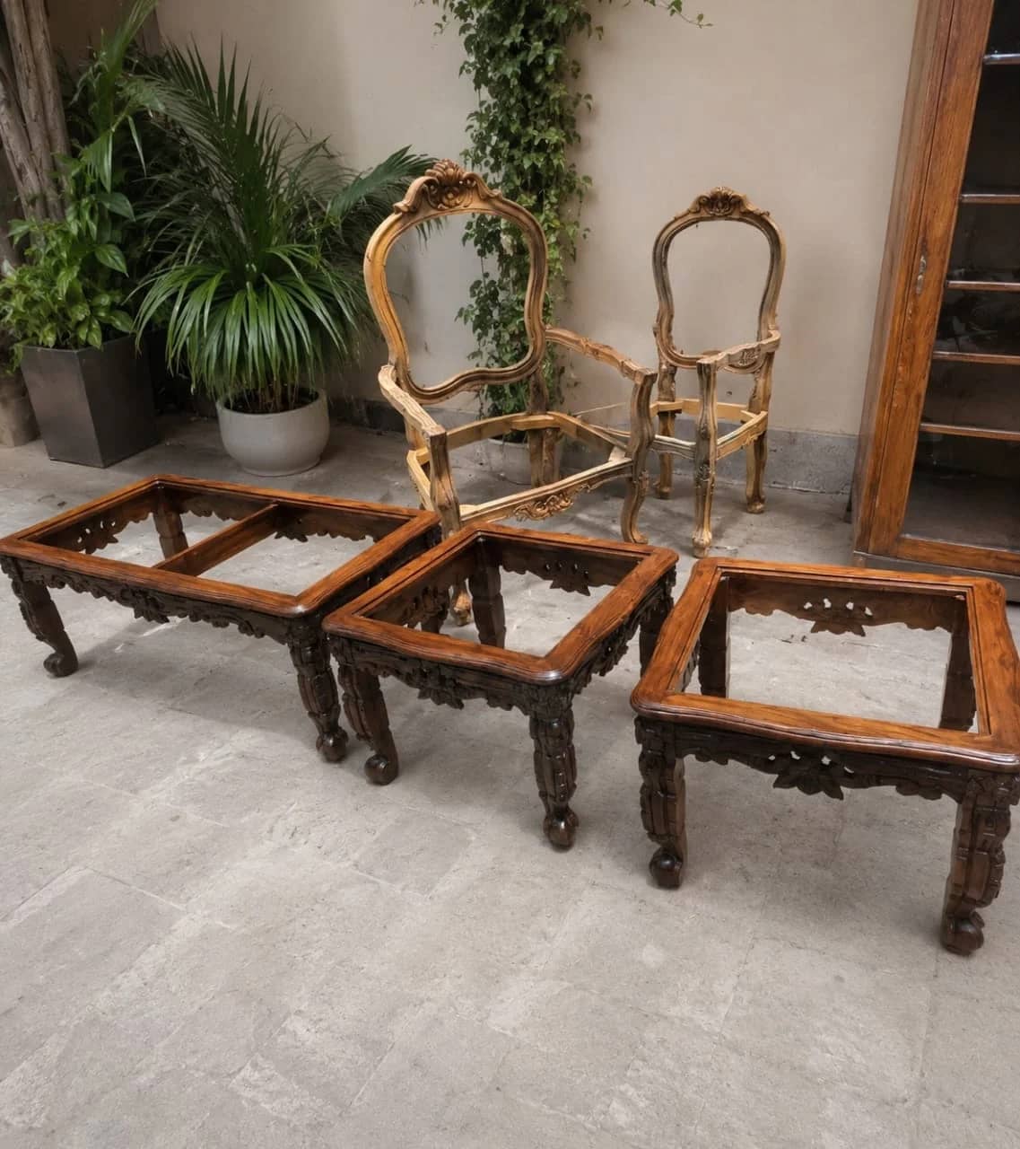Chinioti Carved Sheesham 3 Piece Glass Top Table Set — Center Tables | Alfalah Furniture Rawalpindi