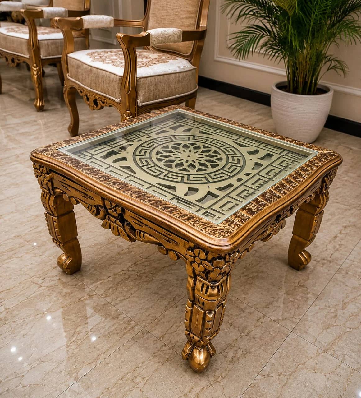 Gold Greek Key Sheesham 3 Piece Glass Top Table Set — Center Tables | Alfalah Furniture Rawalpindi