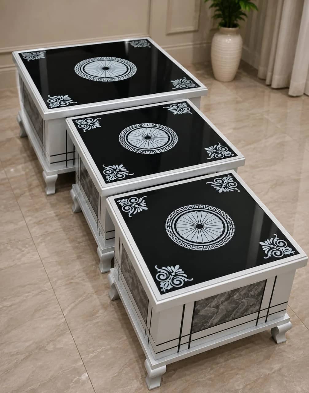 White Marble Panel 3 Piece Printed Glass Table Set — Center Tables | Alfalah Furniture Rawalpindi
