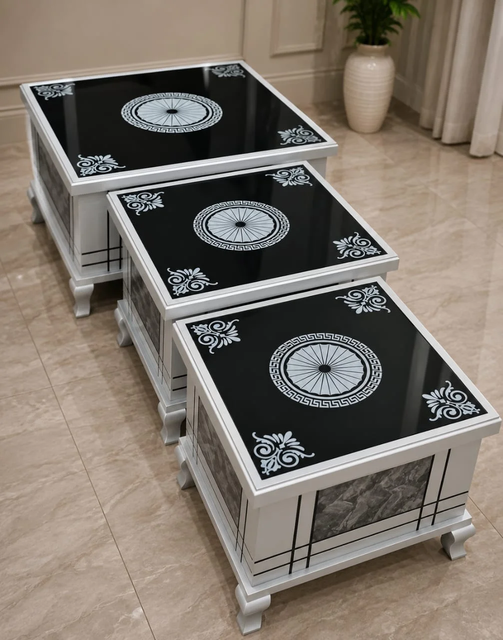 White Marble Panel 3 Piece Printed Glass Table Set — Center Tables | Alfalah Furniture Rawalpindi