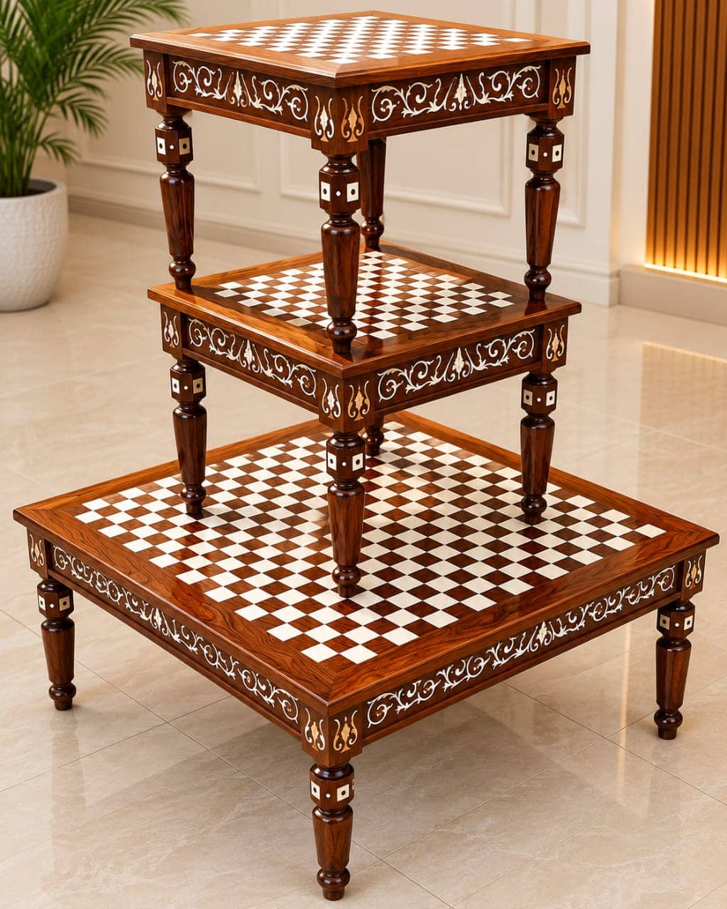 Checkerboard Inlay Sheesham 3 Piece Premium Table Set — Center Tables | Alfalah Furniture Rawalpindi