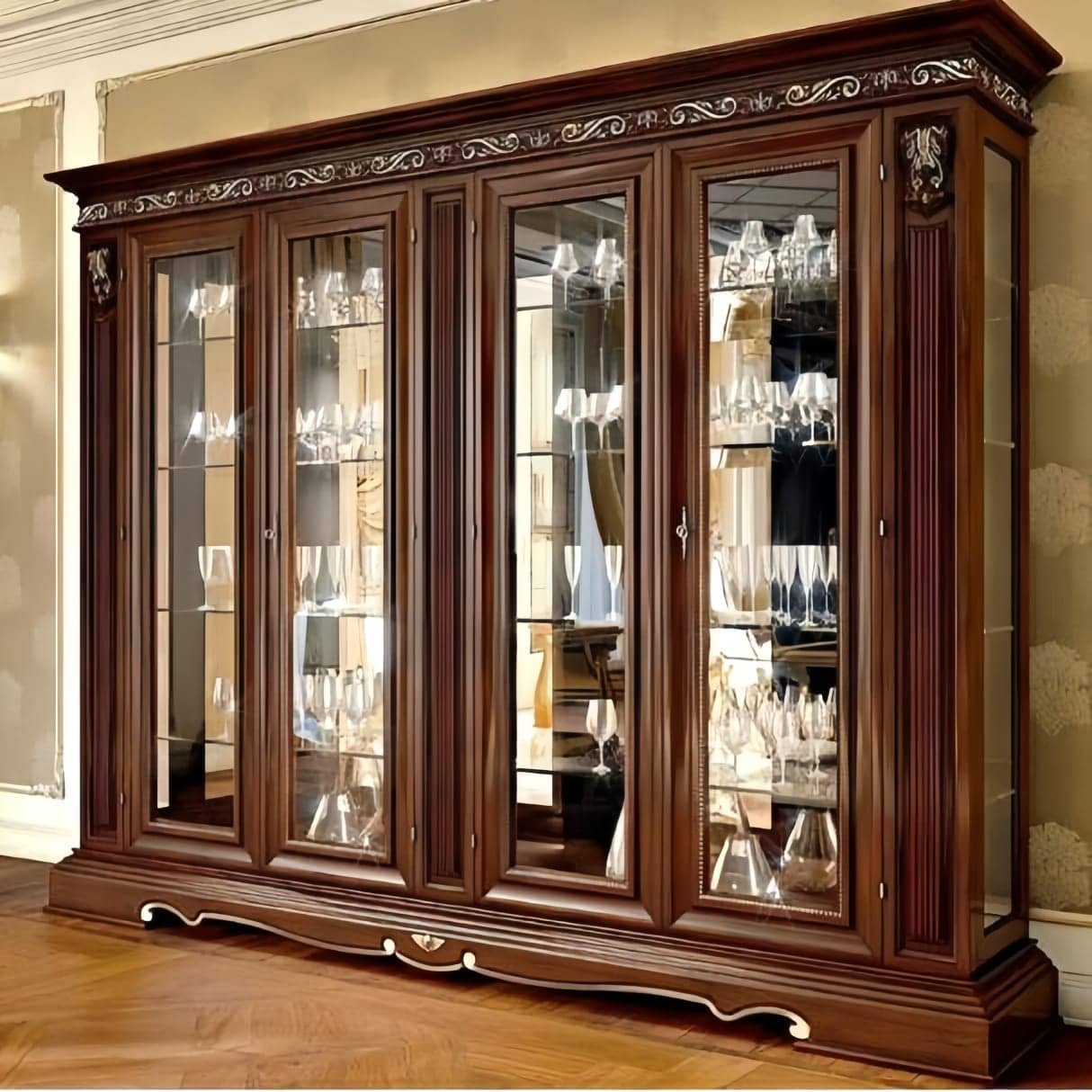 Premium 4 Door Sheesham Glass Showcase (Full Size) — Wardrobes | Alfalah Furniture Rawalpindi